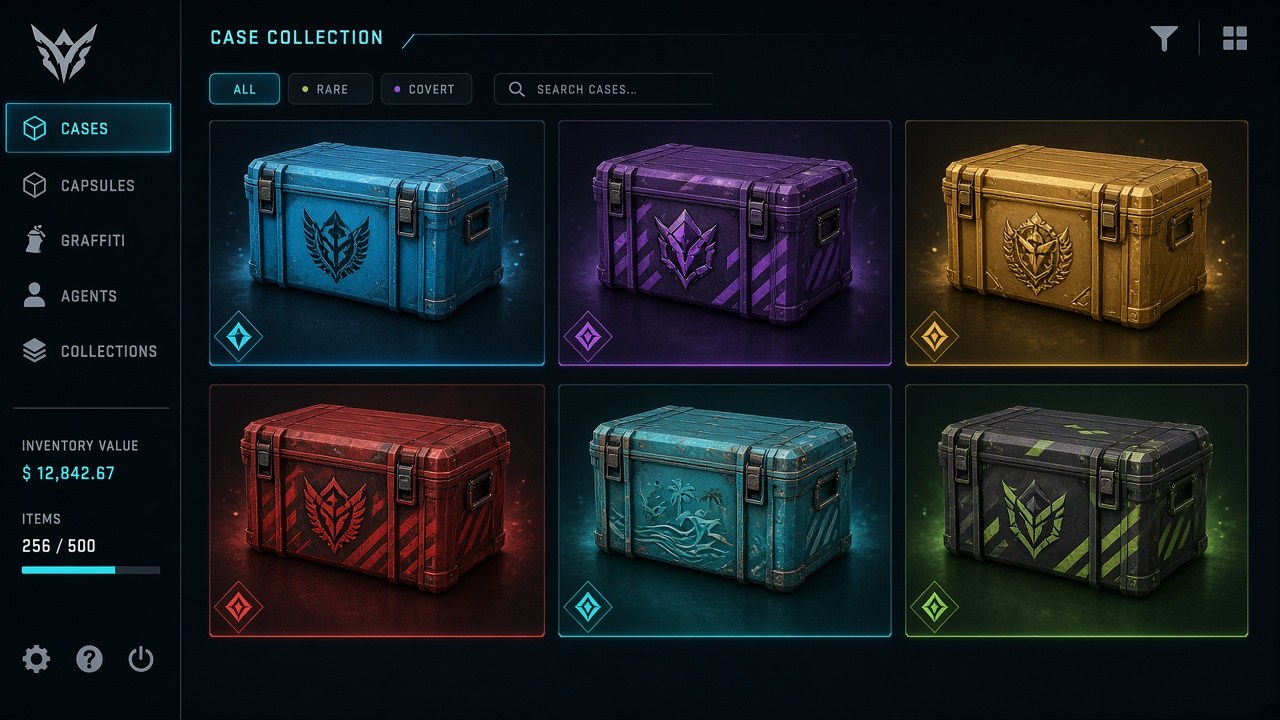 CS2 case collection catalogue with themed weapon cases