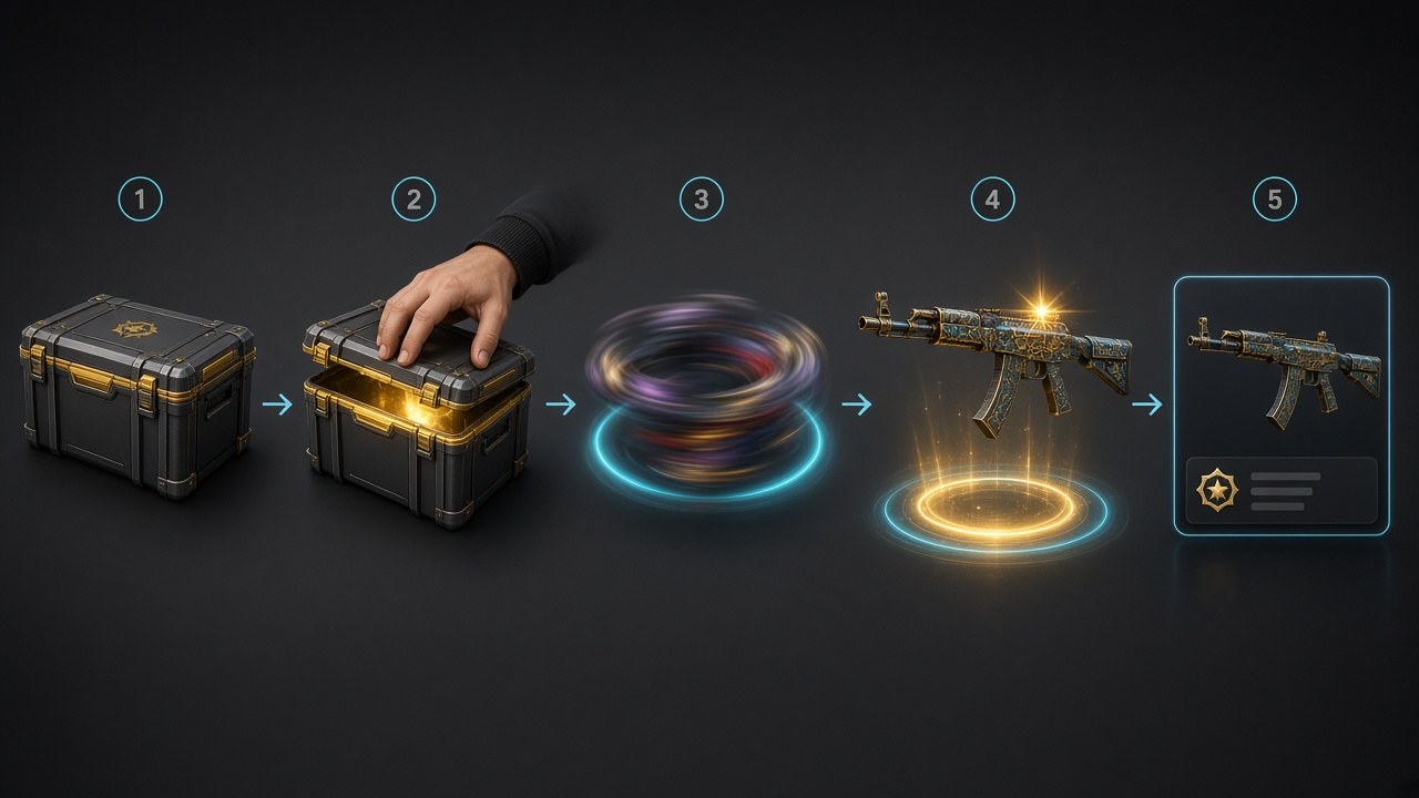 Five-step CS2 case opening process from choose case to inventory