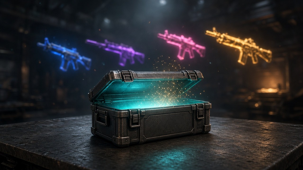 CS2 case opening with glowing weapon case and skin drops