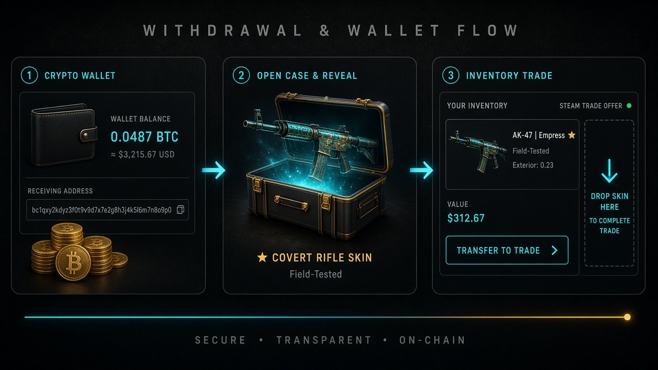 Deposit balance case opening inventory and skin withdrawal flow